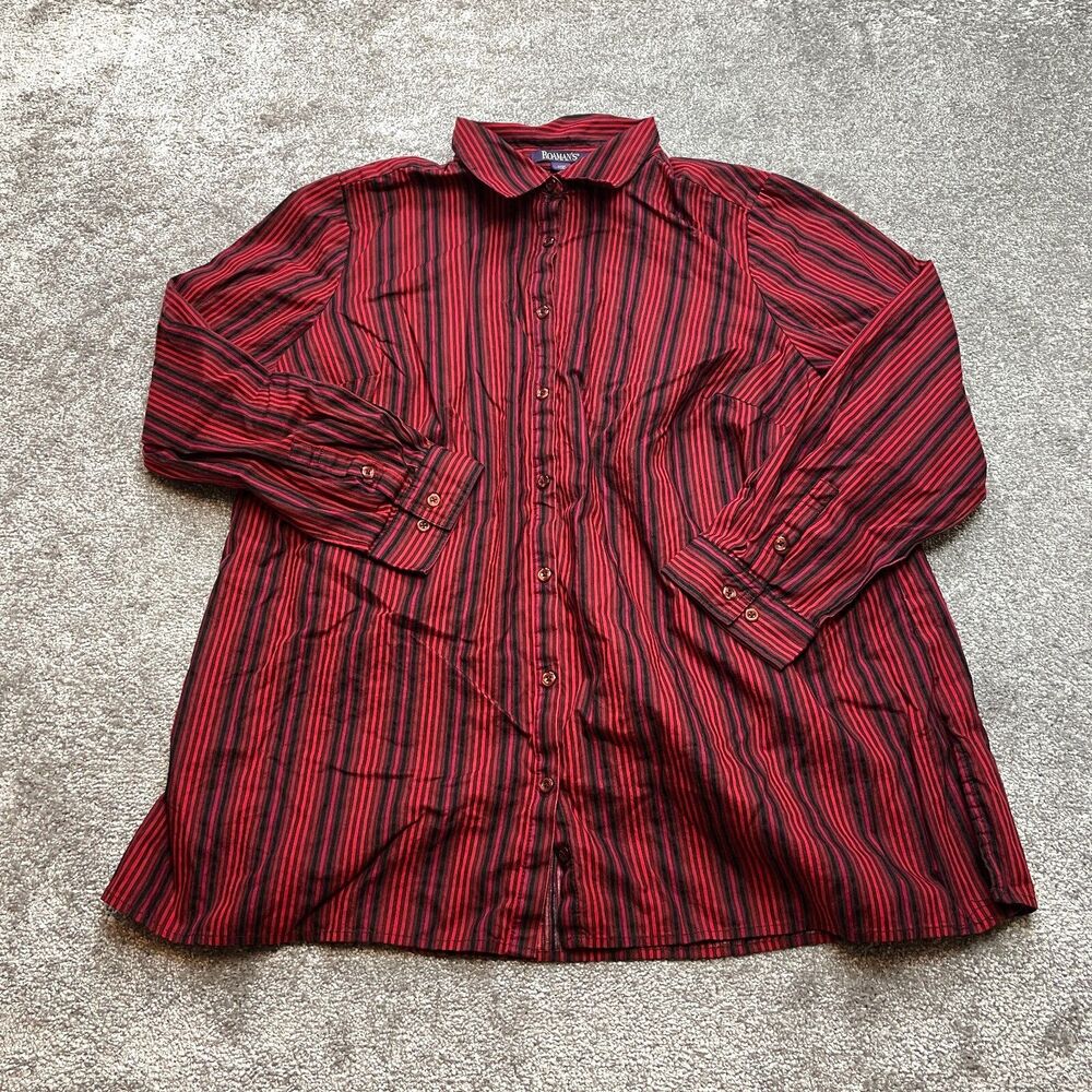 Romans Button Up Shirt Womens 20W Plus Red Blue Striped Long Sleeve Collared Top